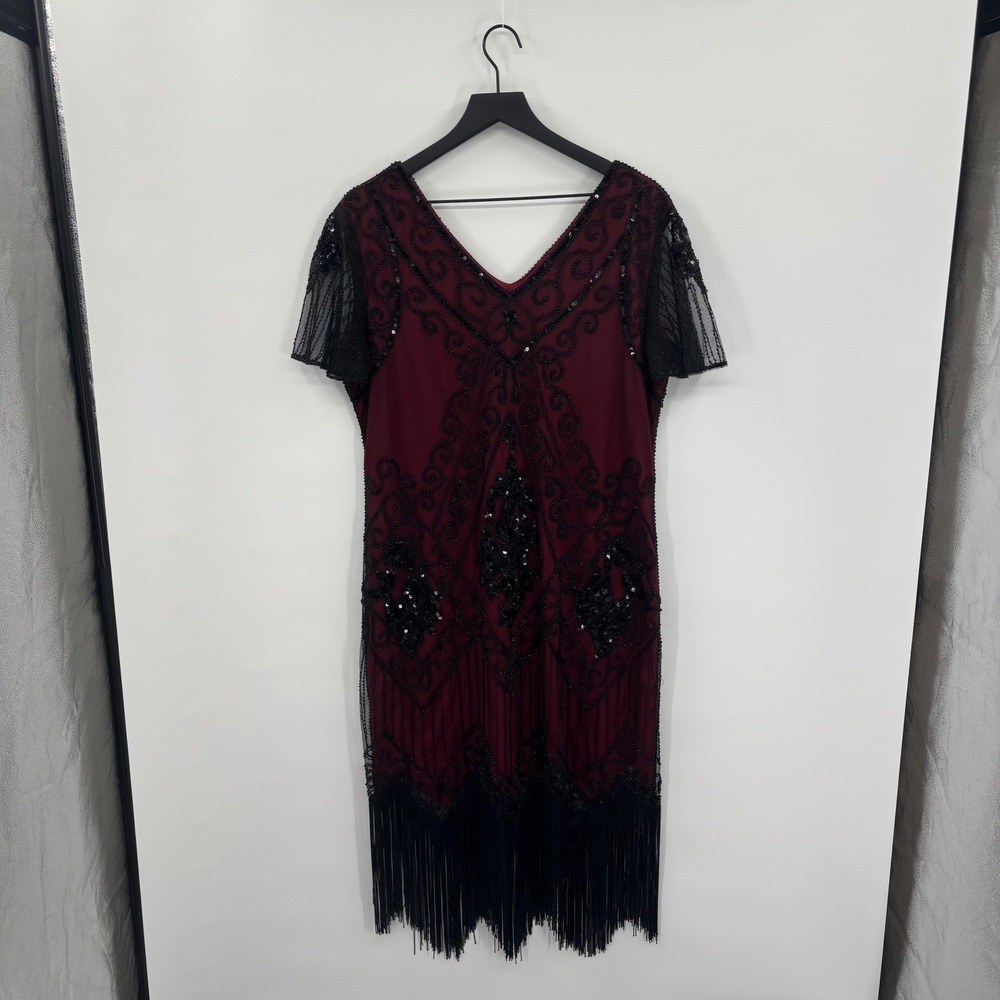 JICAGOM Flapper Dress Womens 3XL Burgundy Black Beaded Fringe Great Gatsby Style